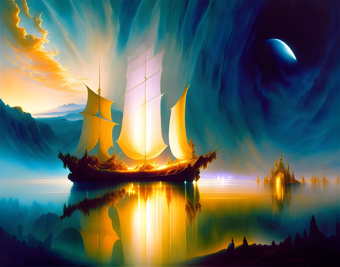 Fantastical glowing sail ship on calm waters under surreal sky