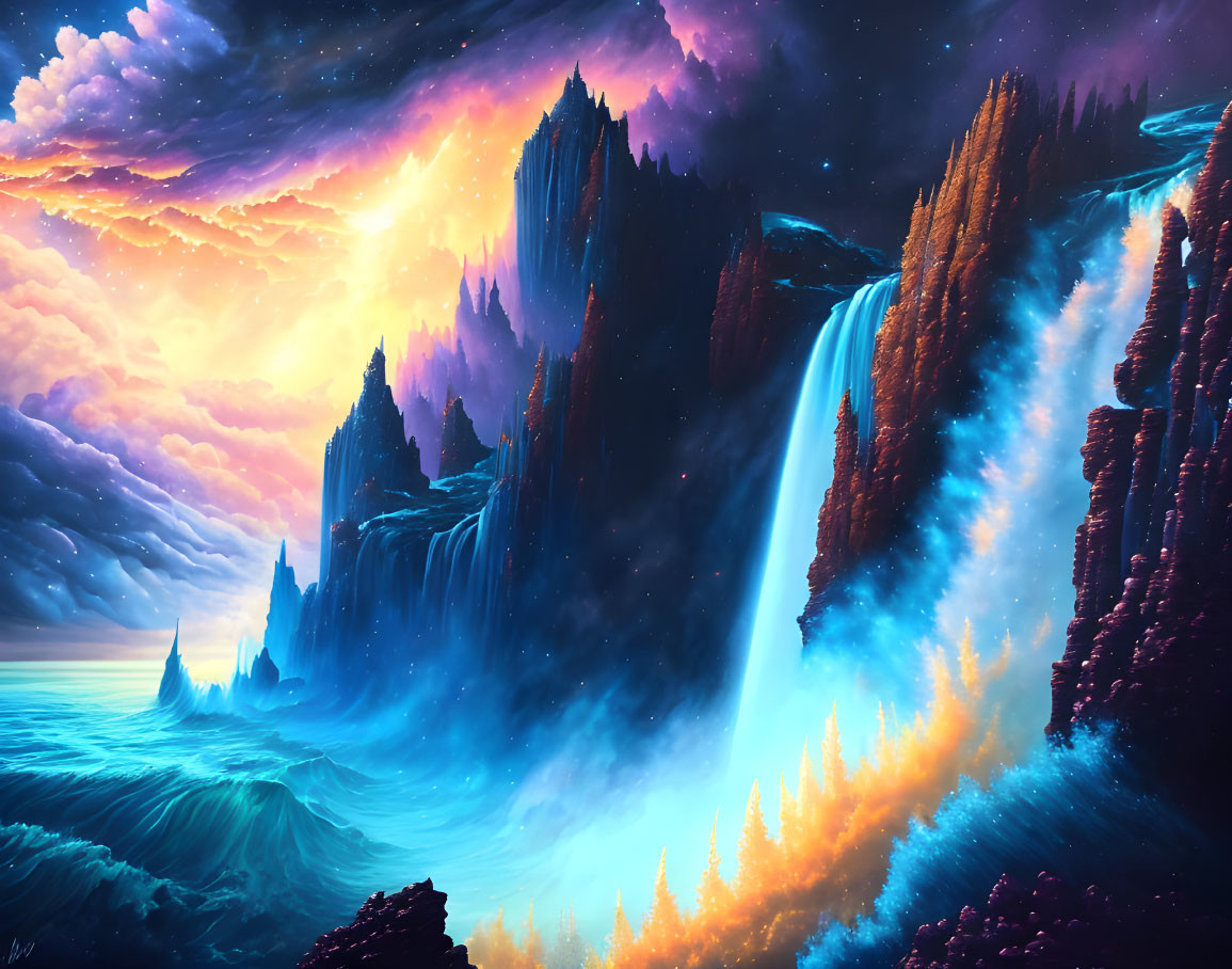 Fantasy landscape with towering cliffs and waterfalls