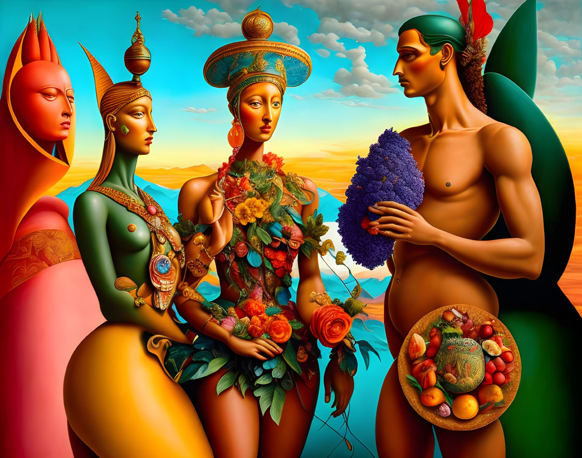 Vibrant stylized figures in ornate attire against surreal sunset backdrop