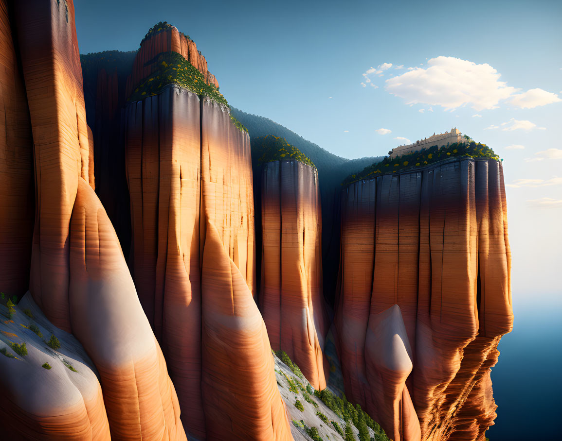 Majestic red rock formations with greenery under a blue sky