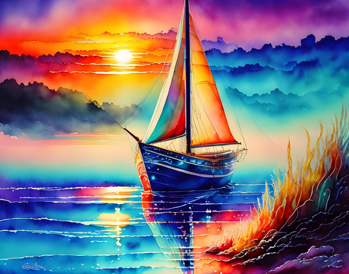 Sailboat sunset watercolor with vibrant colors