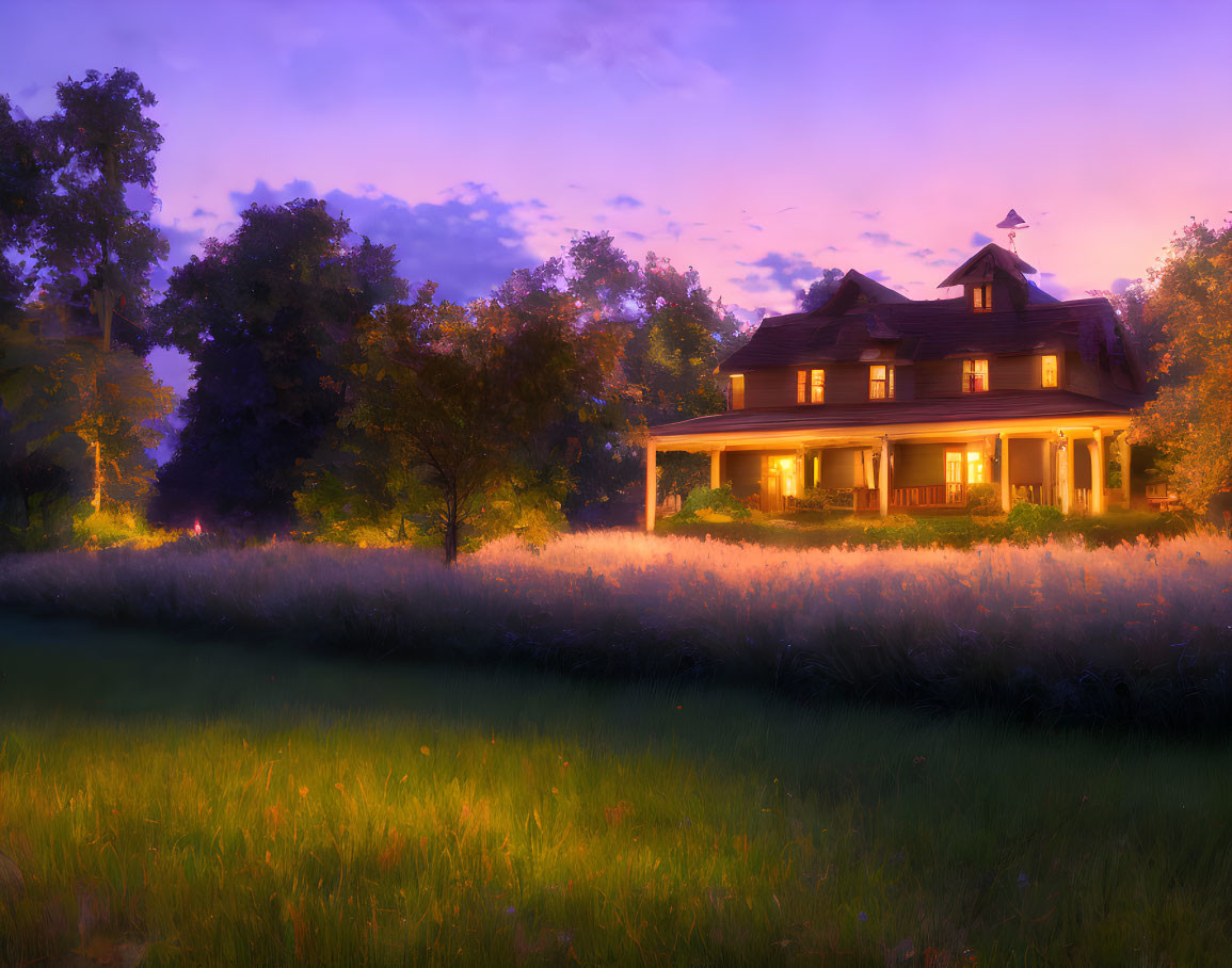 Twilight scene with cozy house, trees, meadow, and purple sky