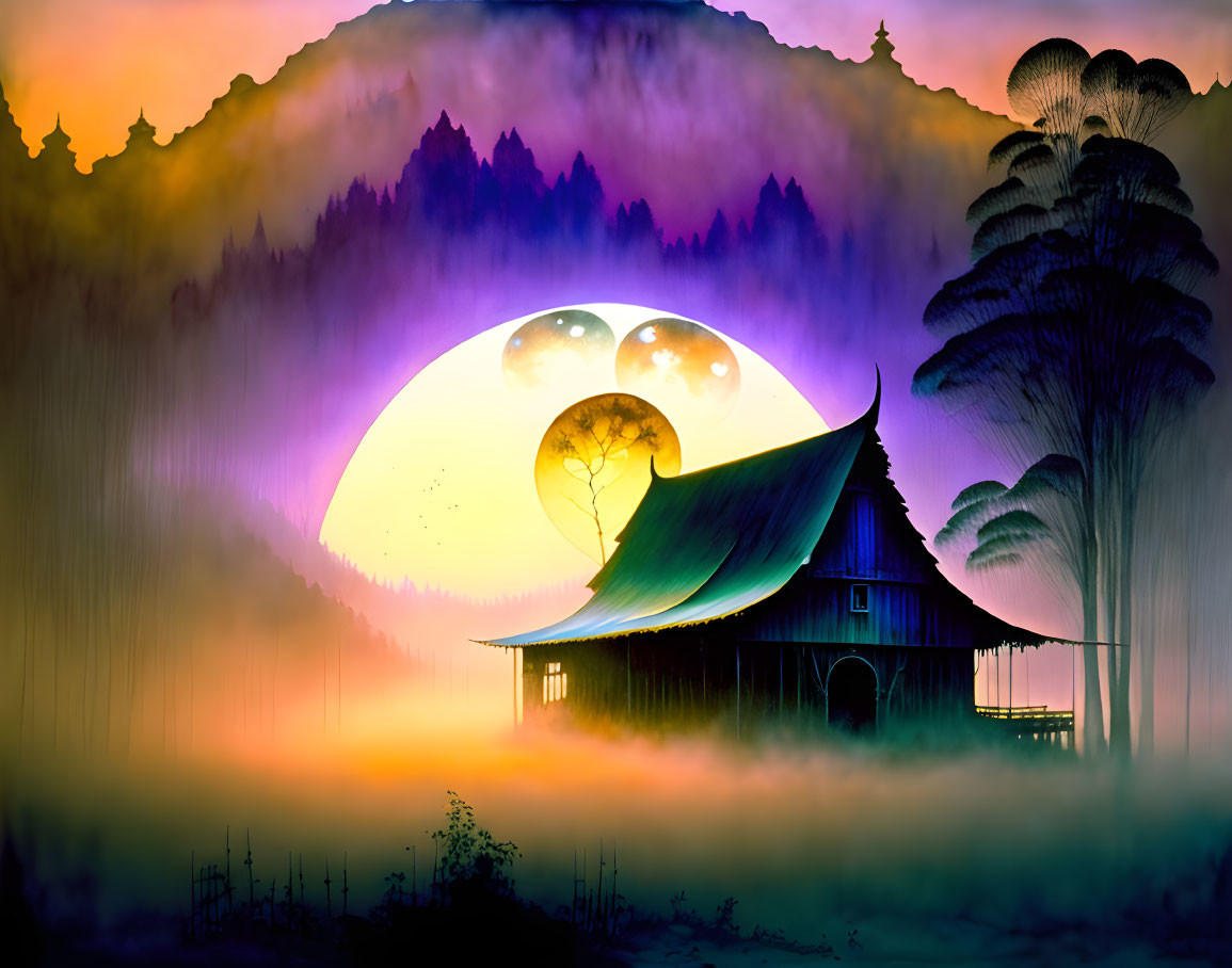 Surreal landscape featuring traditional house, mountains, moons, purple sky, and misty foreground