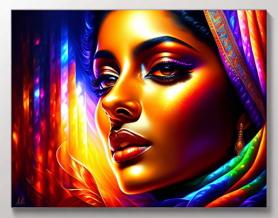 Vividly colored digital artwork of a woman with striking features