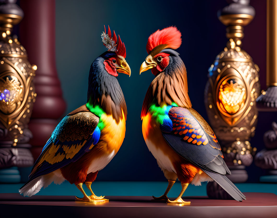 Stylized colorful rooster-like birds with ornate details on luxurious backdrop