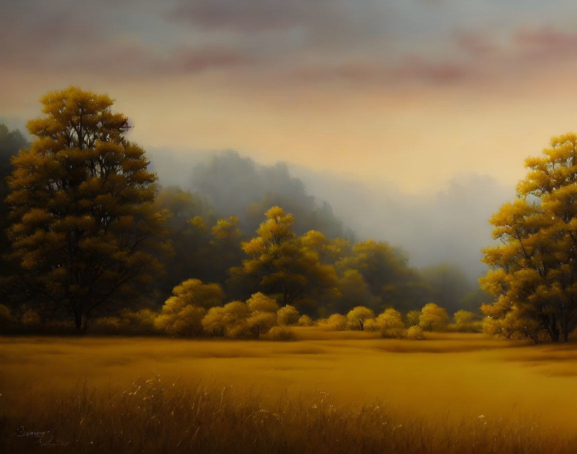 Tranquil landscape: golden trees, misty background, grassy meadow, dusky sky