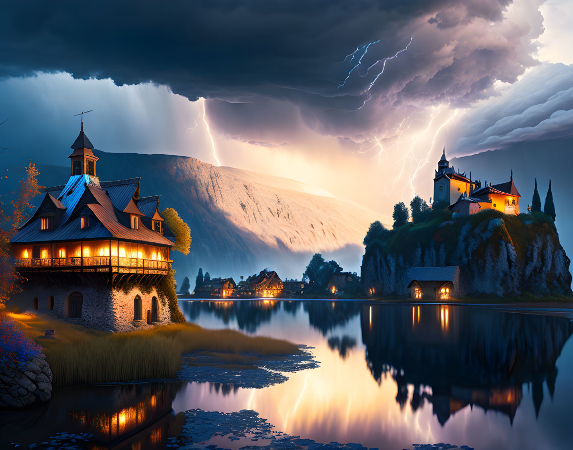 Stormy Sky Over Lake with Castle and Houses