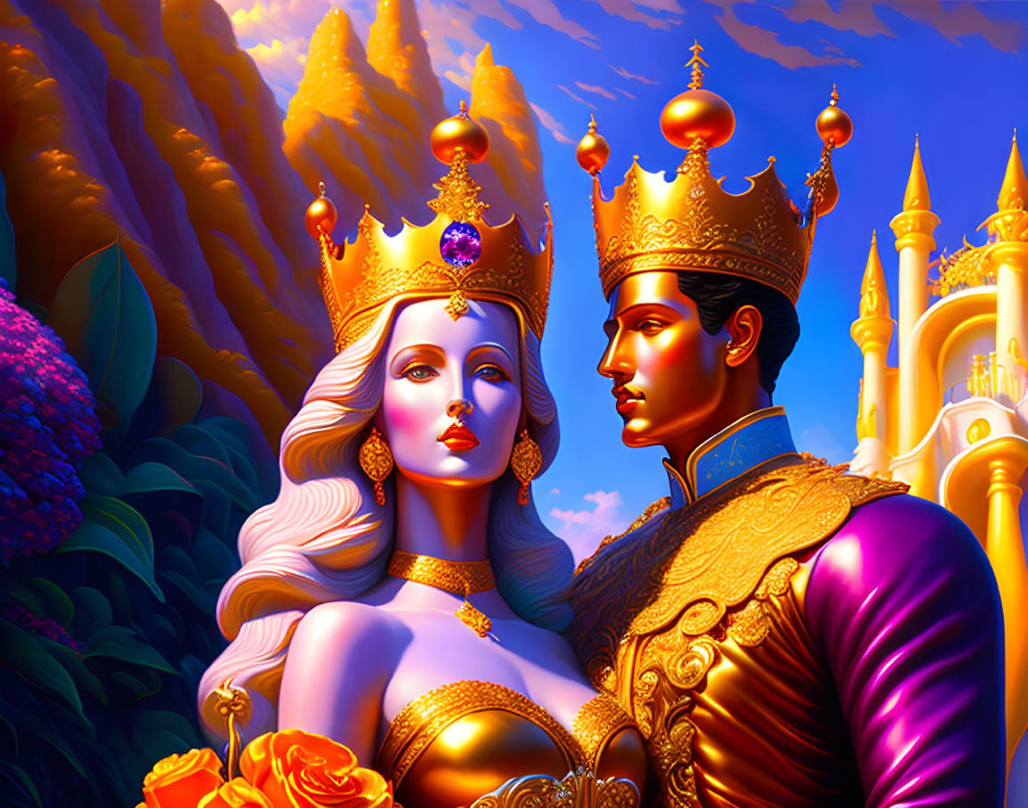 Regal couple with ornate crowns in fantasy castle setting