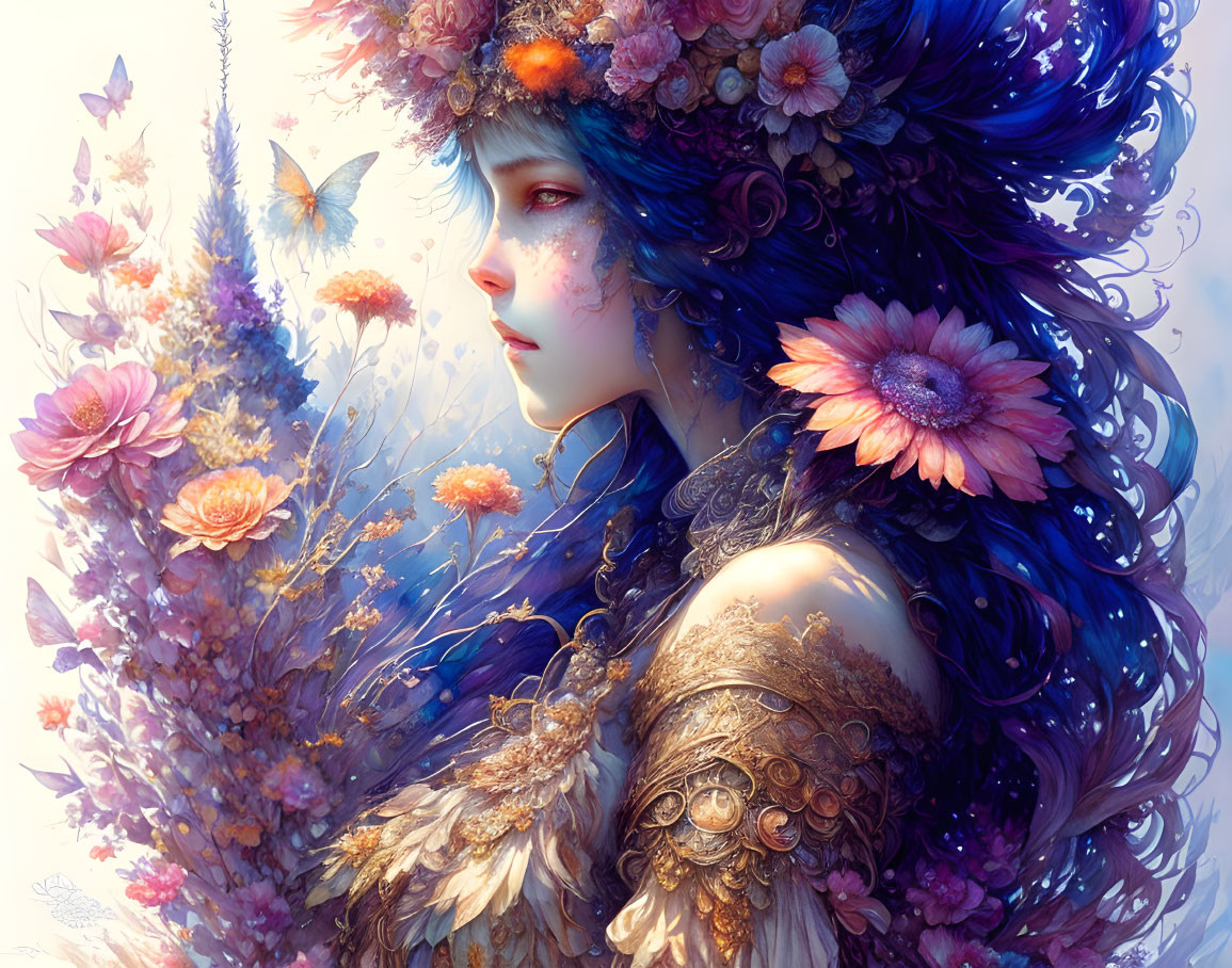 Fantasy illustration of female entity in blue skin with floral crown and golden armor surrounded by flowers and butterflies