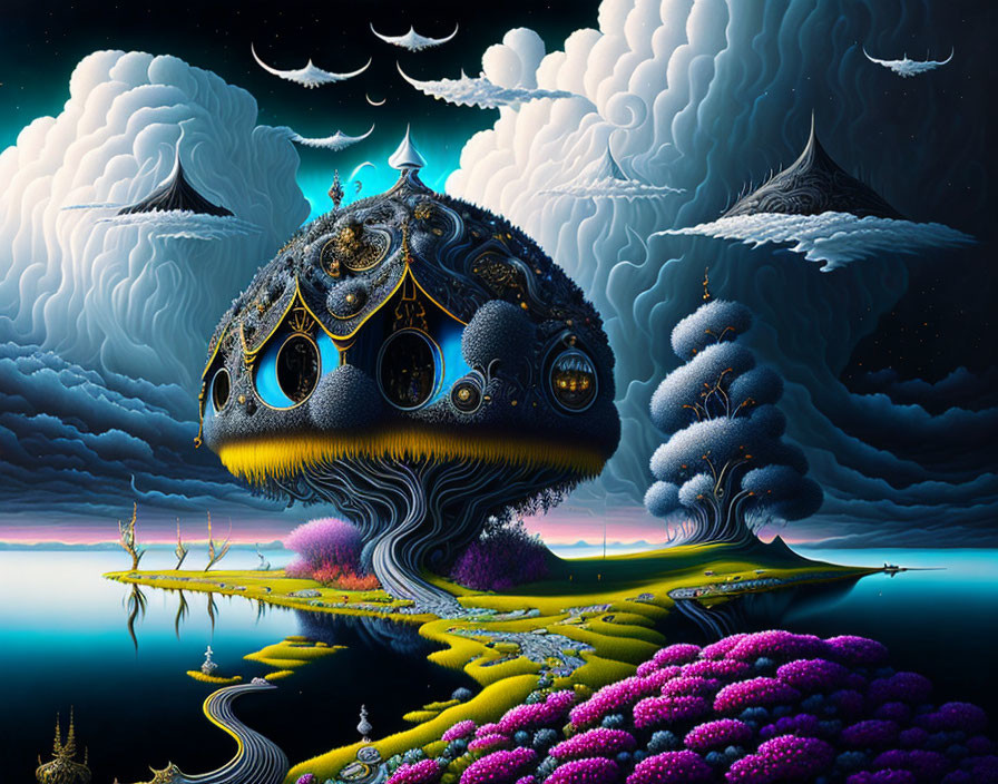 Surreal landscape with floating island, ornate structures, vibrant flora, winding paths, celestial motifs