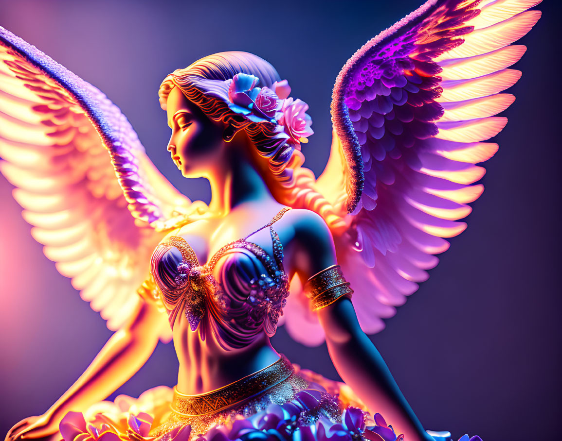 Colorful digital art of angelic figure with intricate wings and jewelry