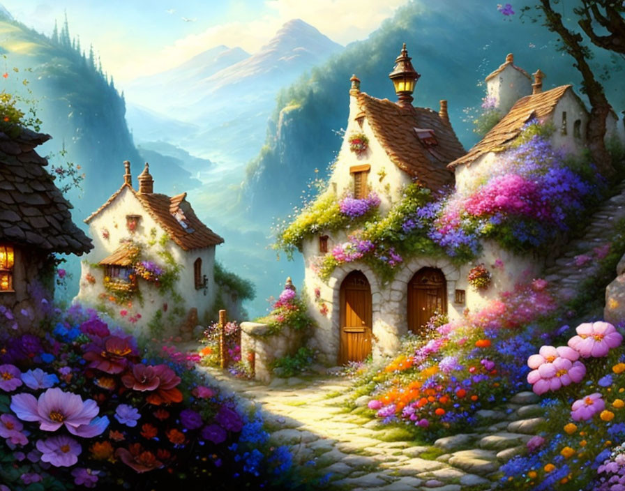 Charming stone cottages with colorful flowers in serene valley