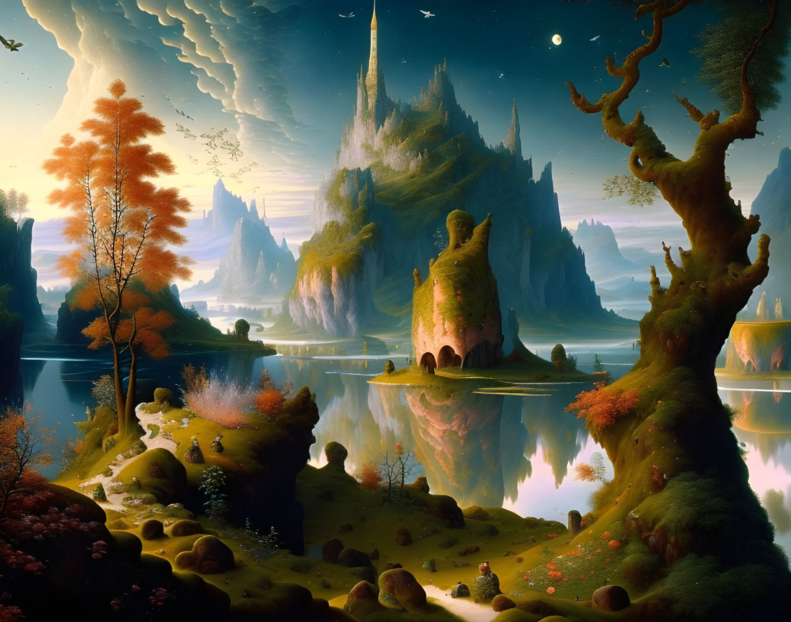 Fantastical landscape with vivid trees, tranquil lake, towering spires, floating islands, moonlit