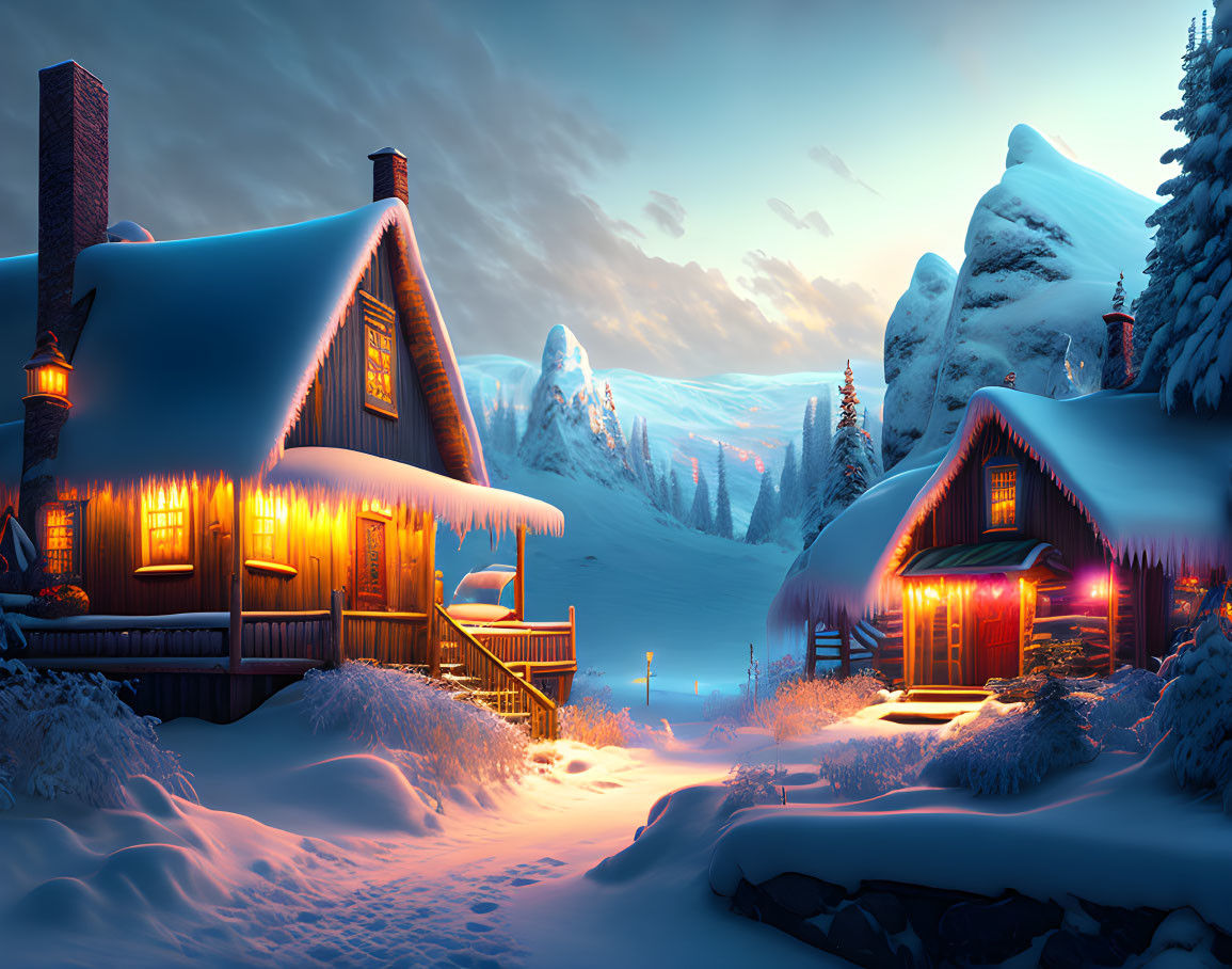 Winter cabins in snow-covered landscape at dusk