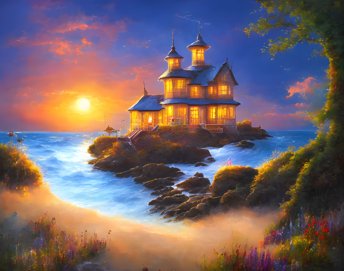 Whimsical painting of glowing house on rocky islet in vibrant sea