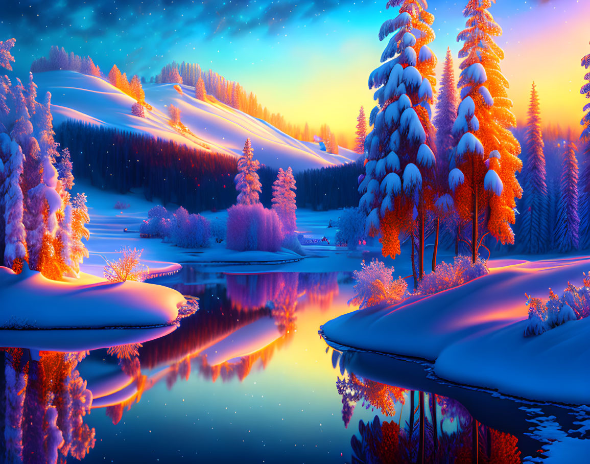 Snow-covered trees reflected in calm river under starry sky with aurora borealis hues