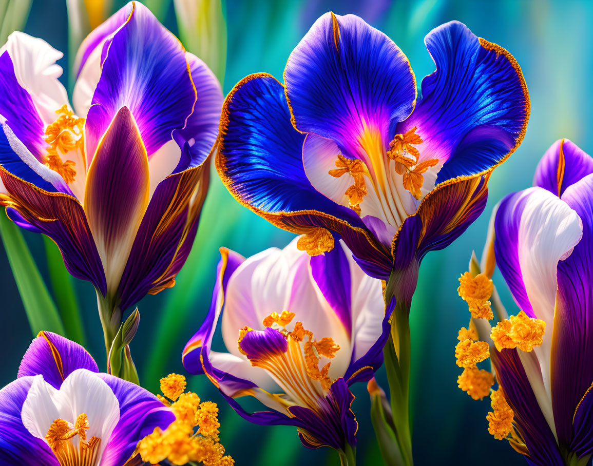 Colorful Blue and Purple Irises with Yellow Stamens on Green Background