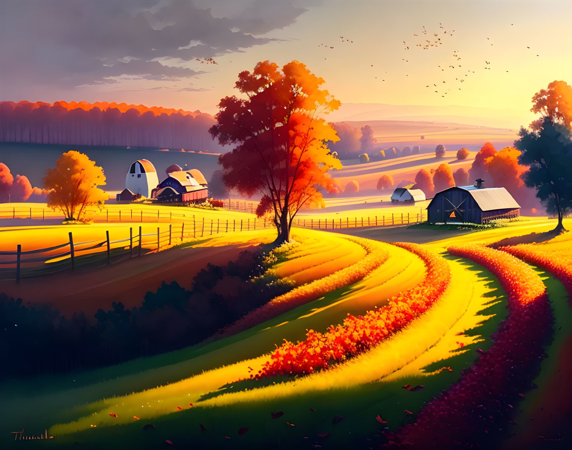 Tranquil autumn scenery with golden fields, winding road, colorful trees, and farm buildings under serene