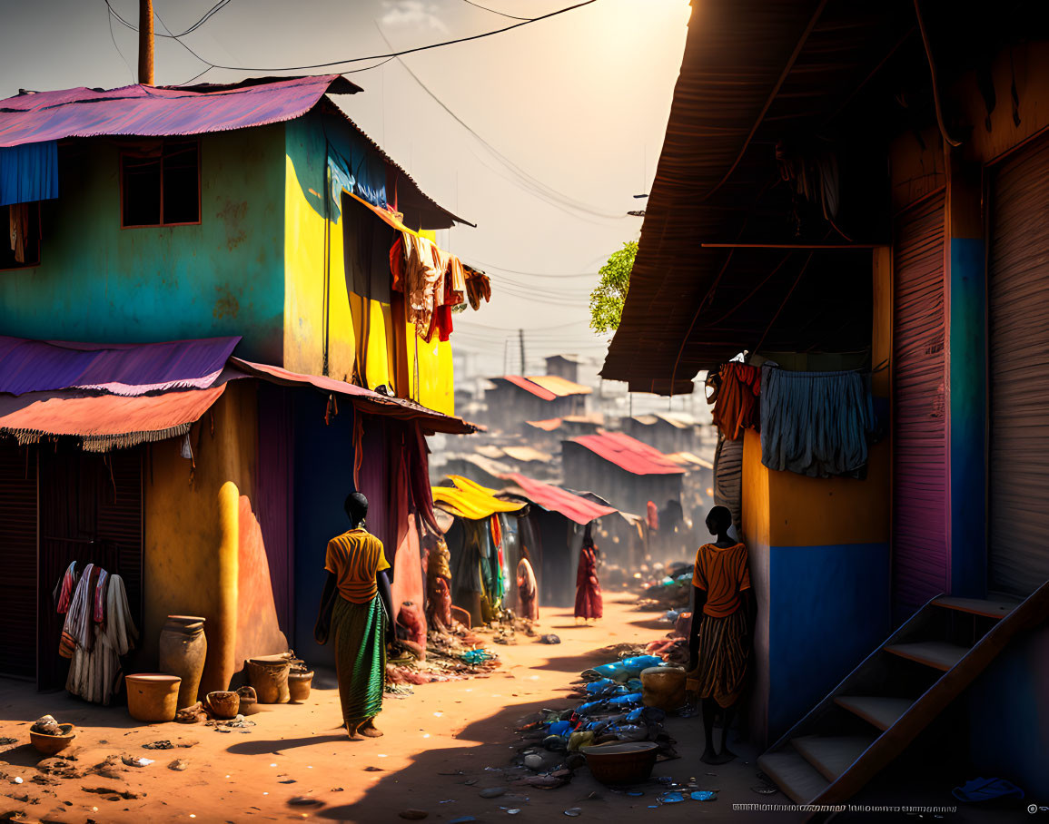 Colorful Houses and People Walking in Sunlit Alley