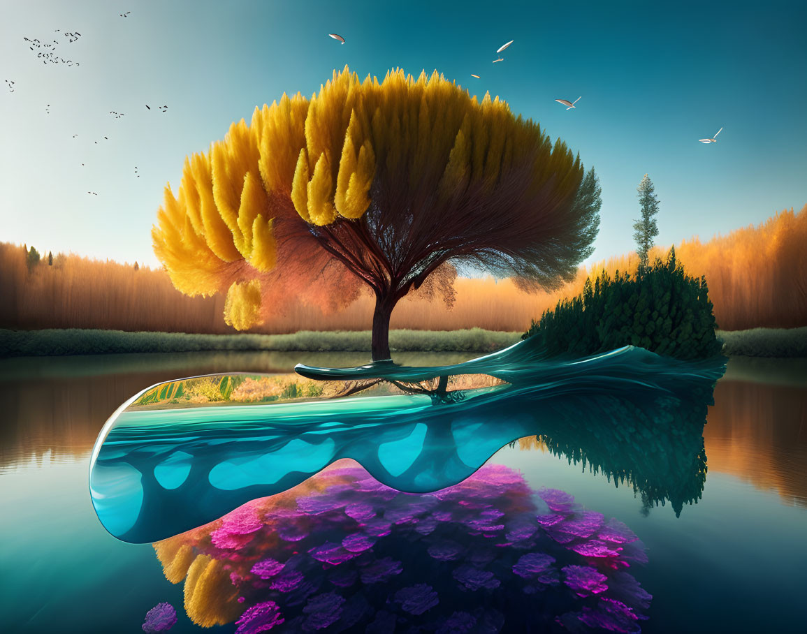 Colorful surreal landscape with tree, lake, flora, forest, twilight sky, birds