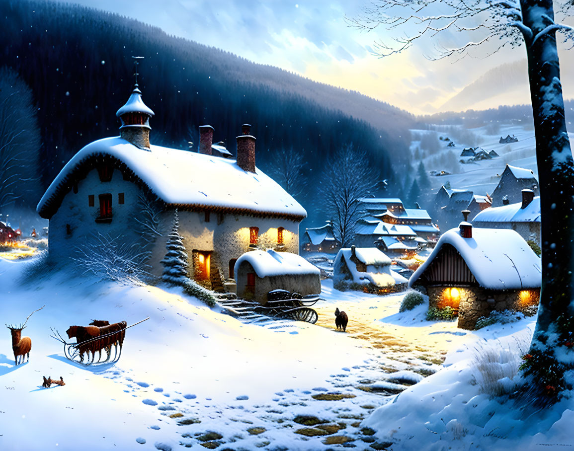 Twilight snow-covered village with deer, horse-drawn sleigh