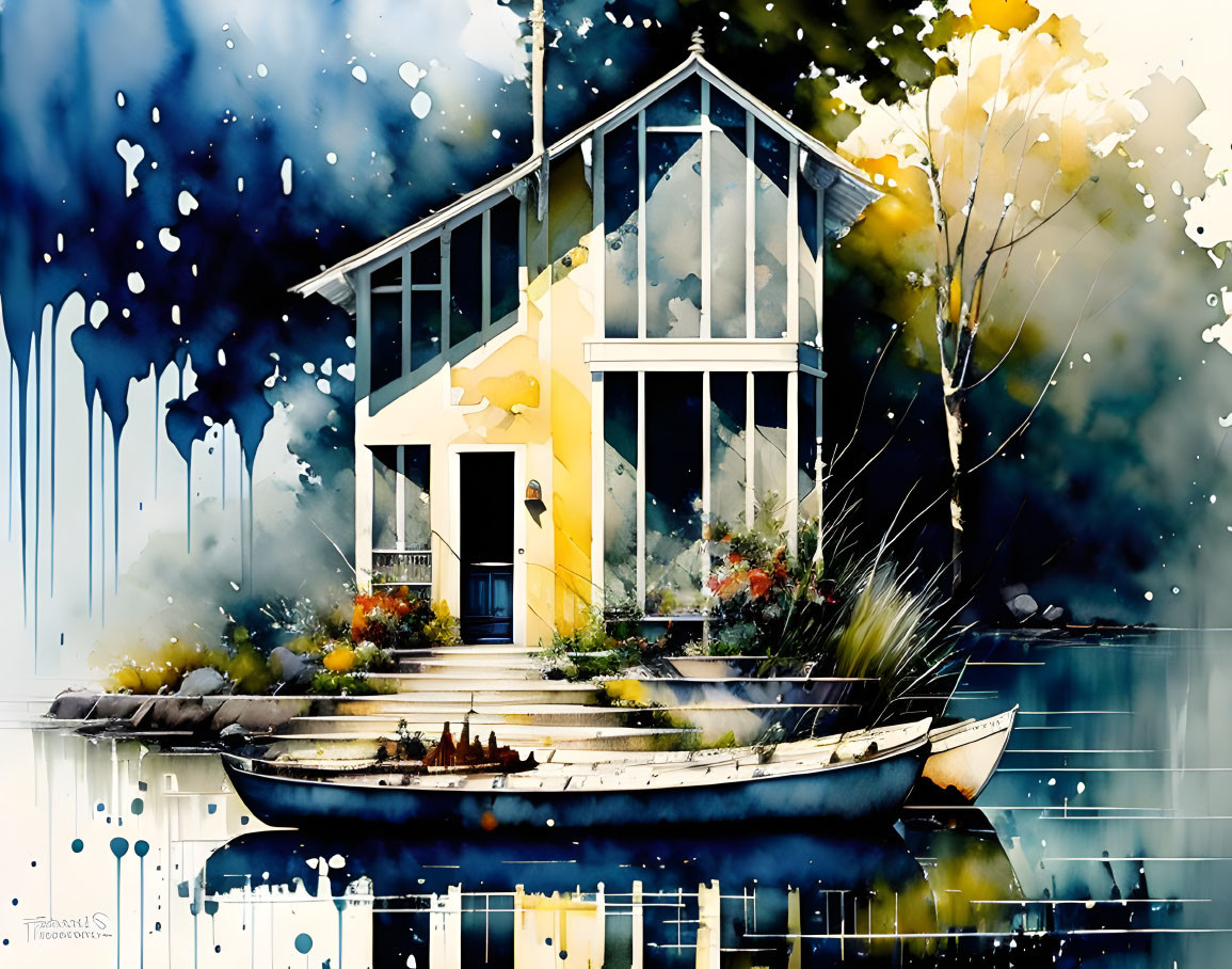 Boat by Lake with Quaint House in Stylized Artwork