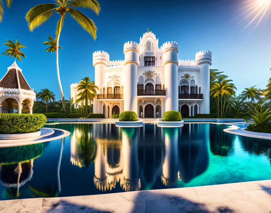 White Castle-Style Mansion with Palm Trees and Reflective Pool