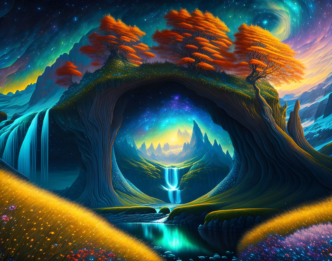 Fantasy landscape with starry sky, tree gateway, mountains, waterfall, fluorescent flora