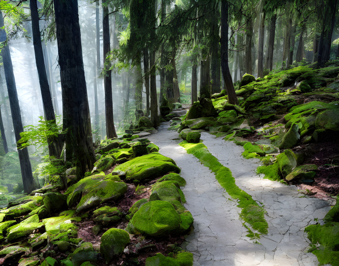 Tranquil Forest Path with Sun Rays and Moss-Covered Rocks