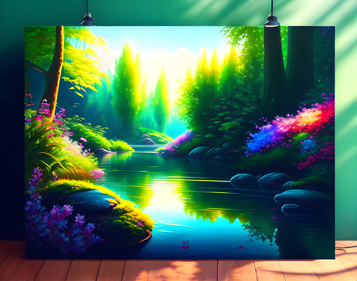 Serene forest scene with lush green trees and river in digital artwork