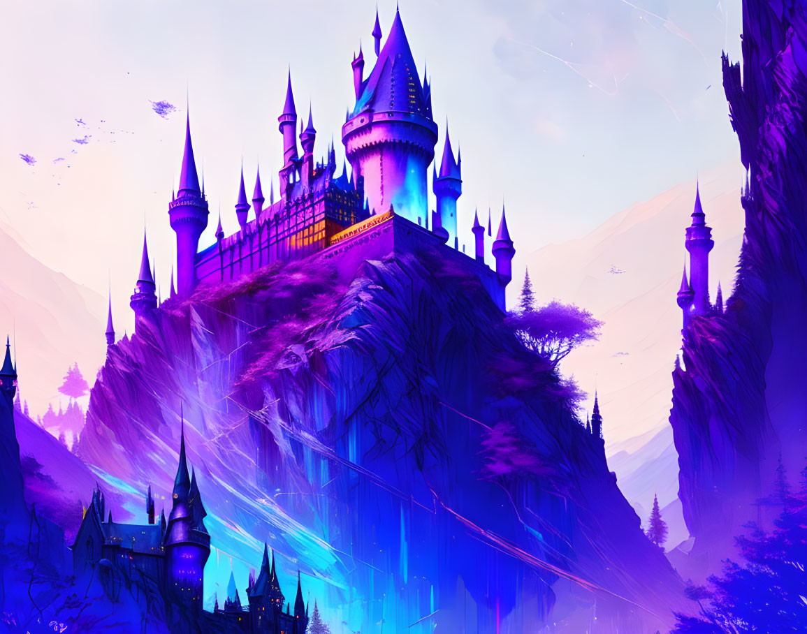 Vibrant magical castle on steep cliff with pink and purple hues