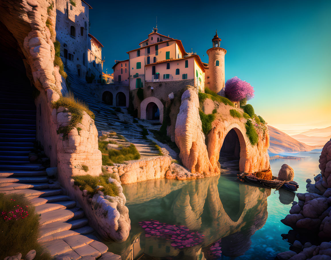 Coastal village with lit buildings, stone staircases, bridge, purple tree, clear sky