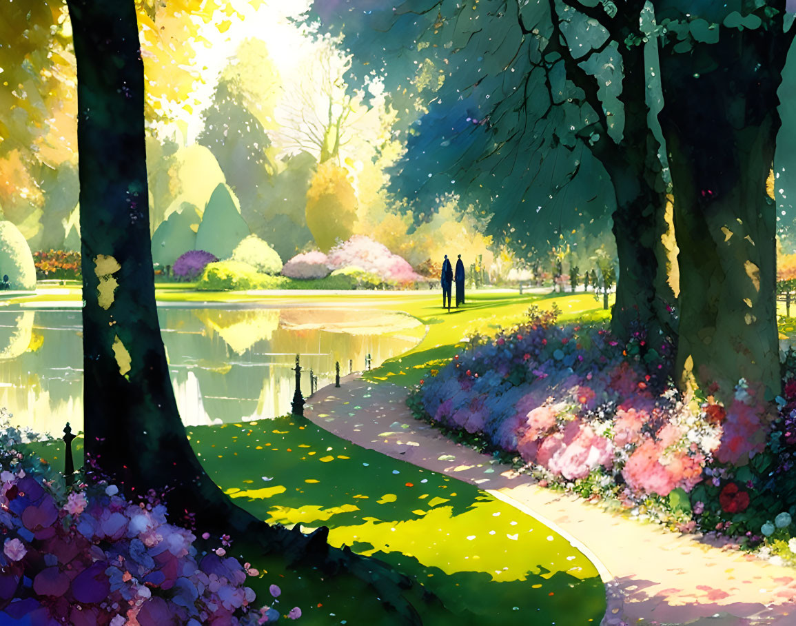 Colorful Park Scene: Two People Walking by Pond Amid Lush Trees and Blooming Flowers