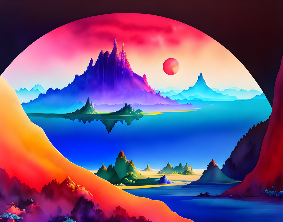 Colorful Landscape with Mountains, Trees, Lakes, and Red Sun/Moon