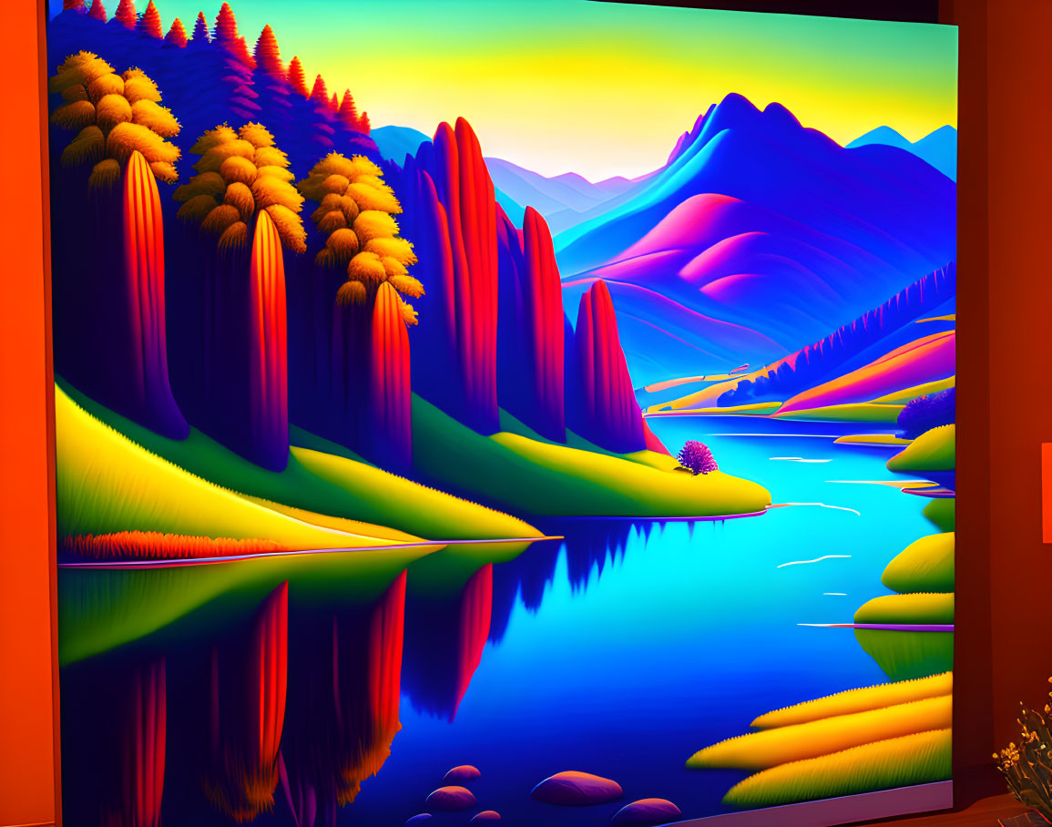 Colorful Stylized Landscape: Vibrant River Valley & Rolling Hills