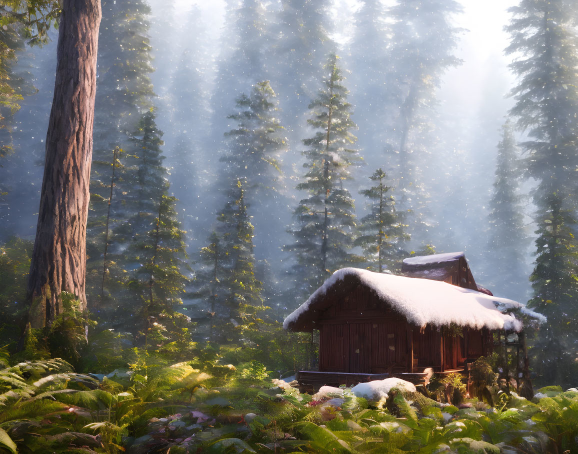 Snowy Cabin Surrounded by Evergreens in Morning Sunlight