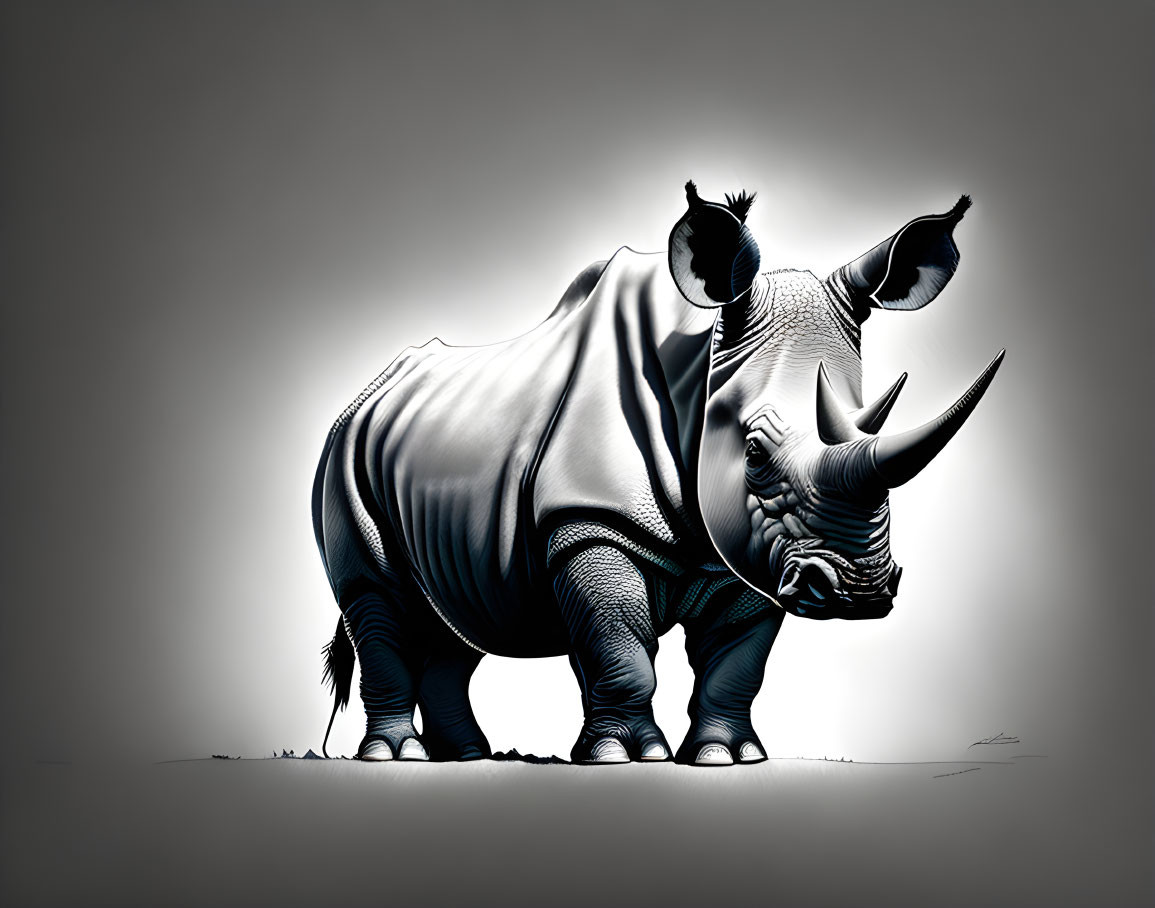 Detailed Illustration of Standing Rhinoceros on Light Background