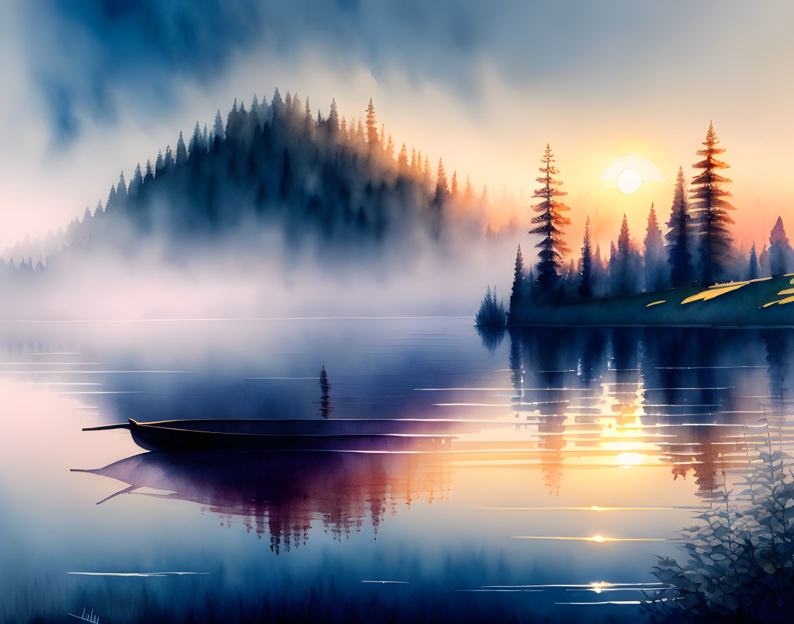 Misty Sunrise Landscape with Boat on Lake