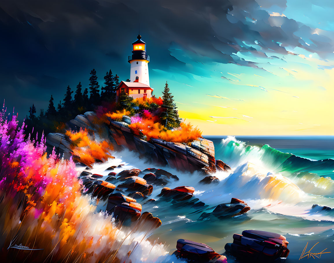 Vibrant digital artwork: Lighthouse on cliff, crashing waves, colorful flora, dramatic cloudy sky