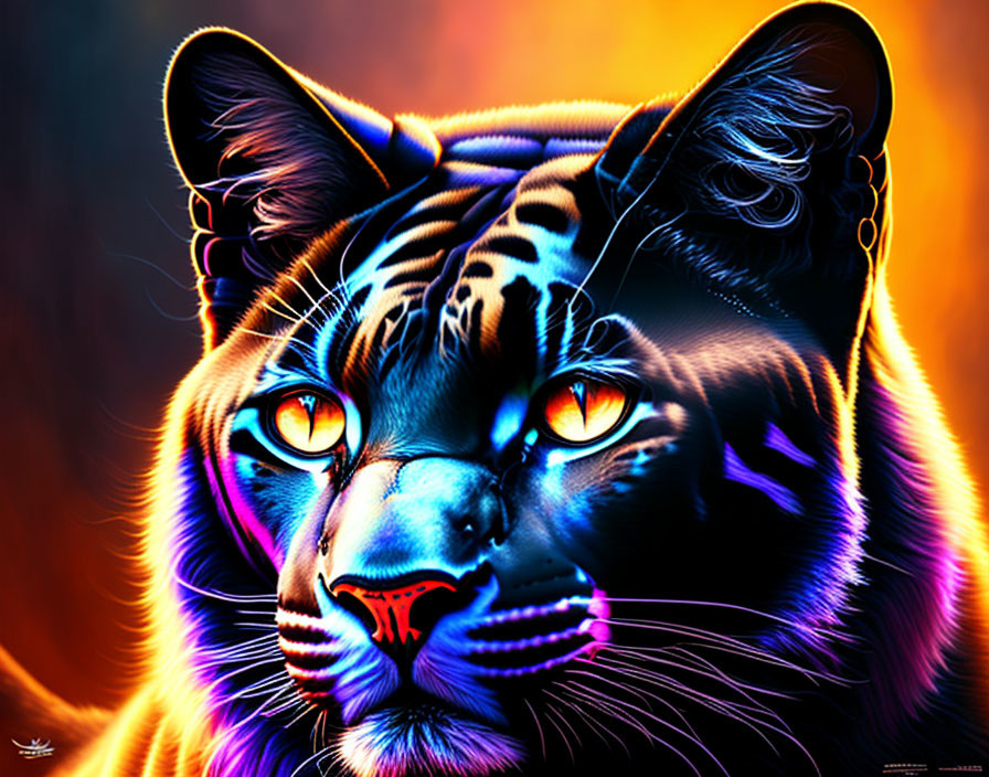 Colorful Digital Art: Black Panther in Neon Blue and Orange Hues