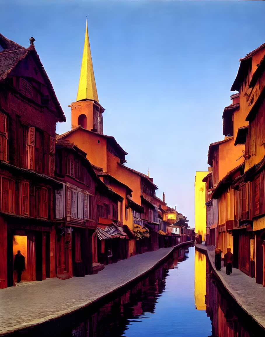 Tranquil European canal at sunset with traditional houses and church spire