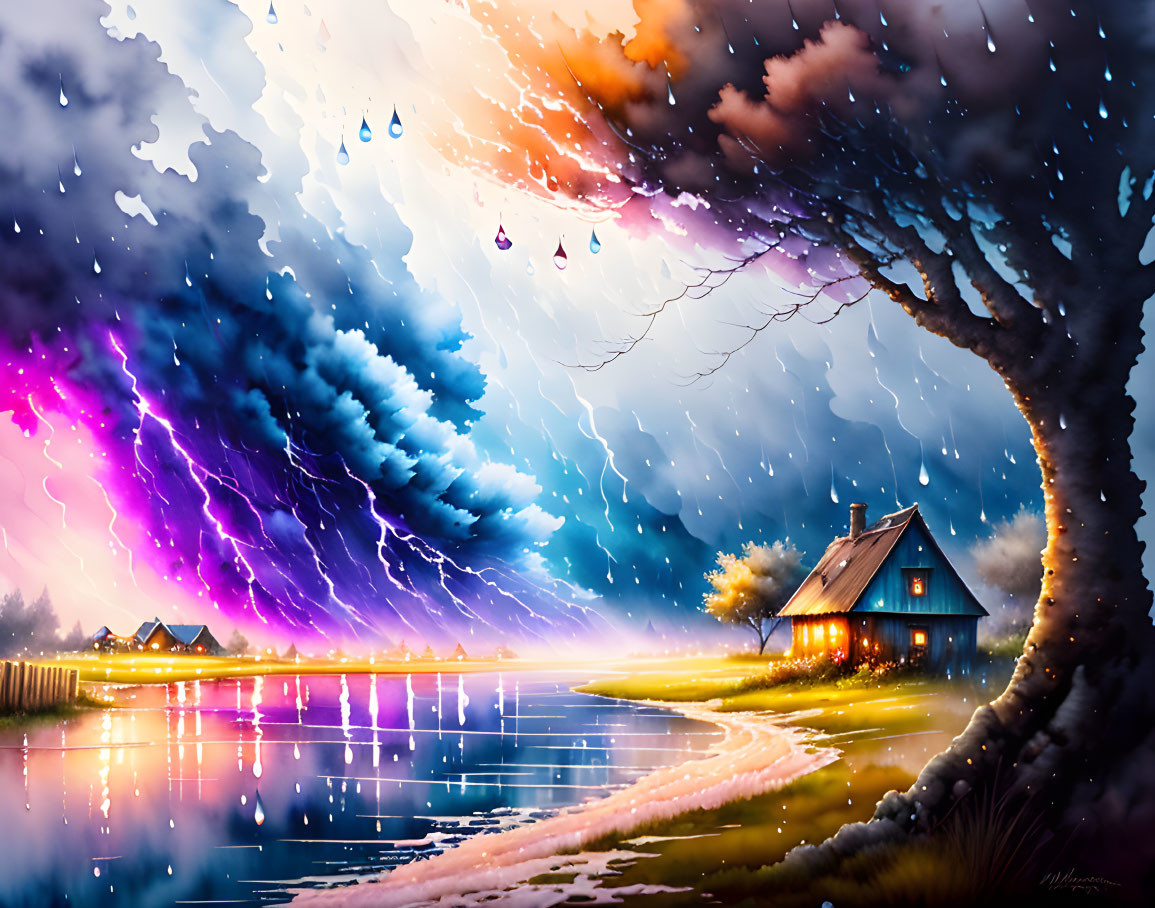 Illustration of stormy sky transitioning to clear sunset with house, tree, and pathway