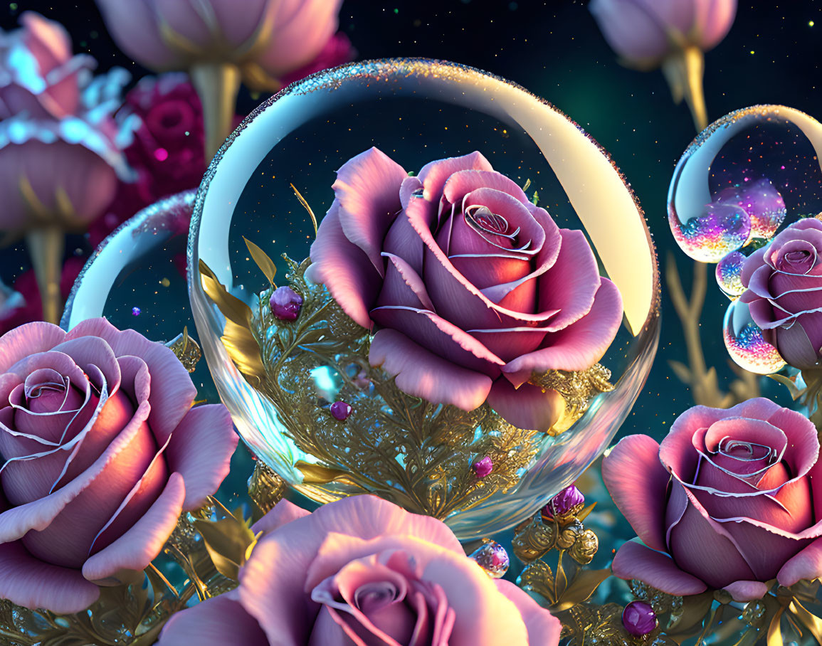 Fantastical pink roses in transparent bubbles on dark blue background