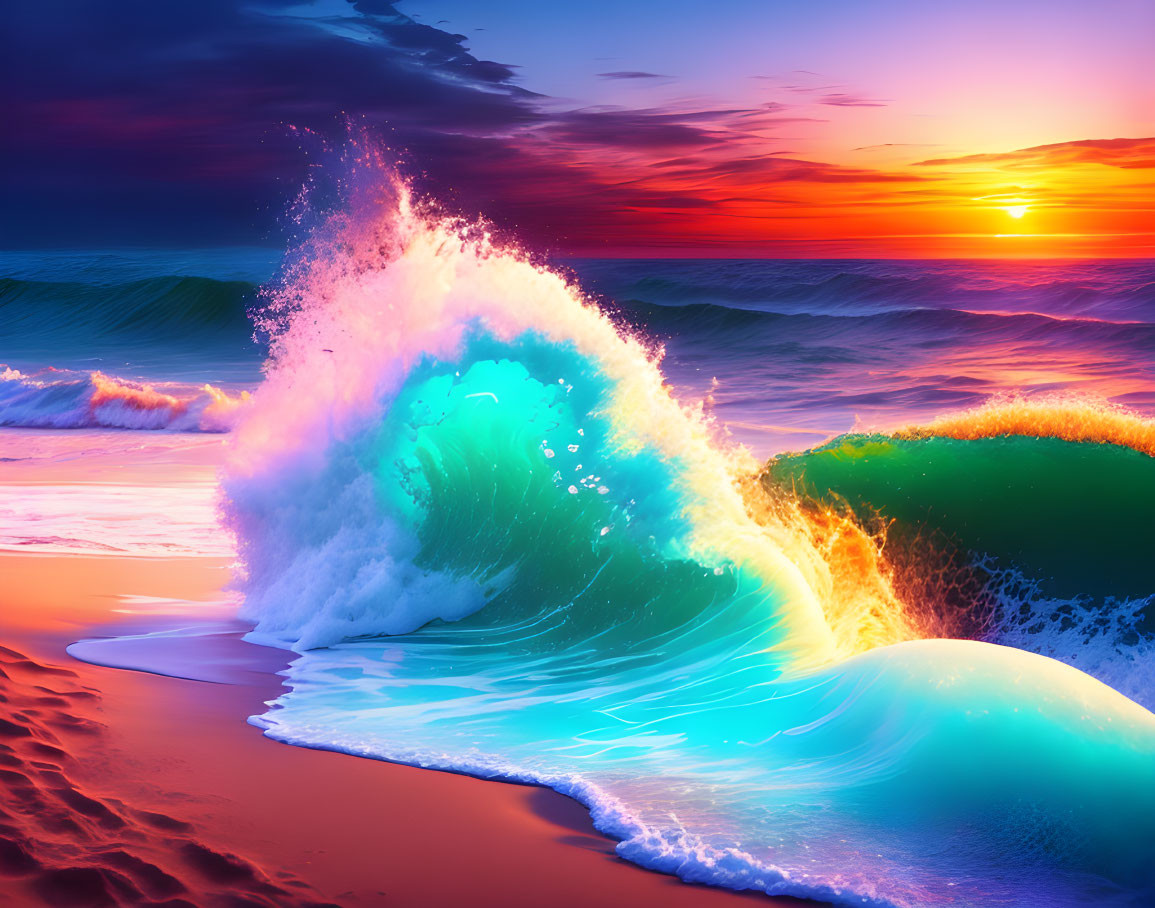 Colorful neon wave cresting on beach at sunset