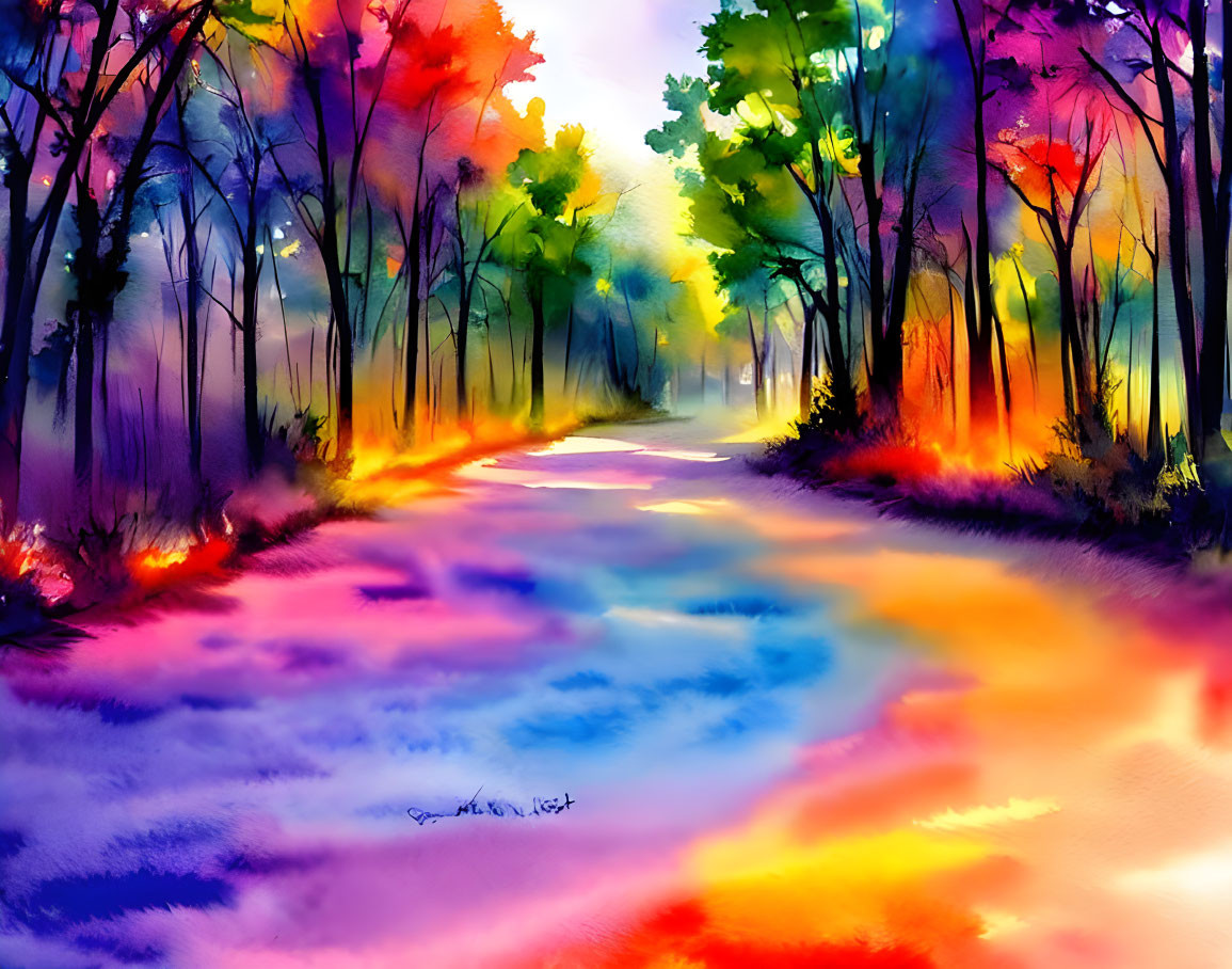 Colorful Watercolor Painting of Whimsical Forest Path