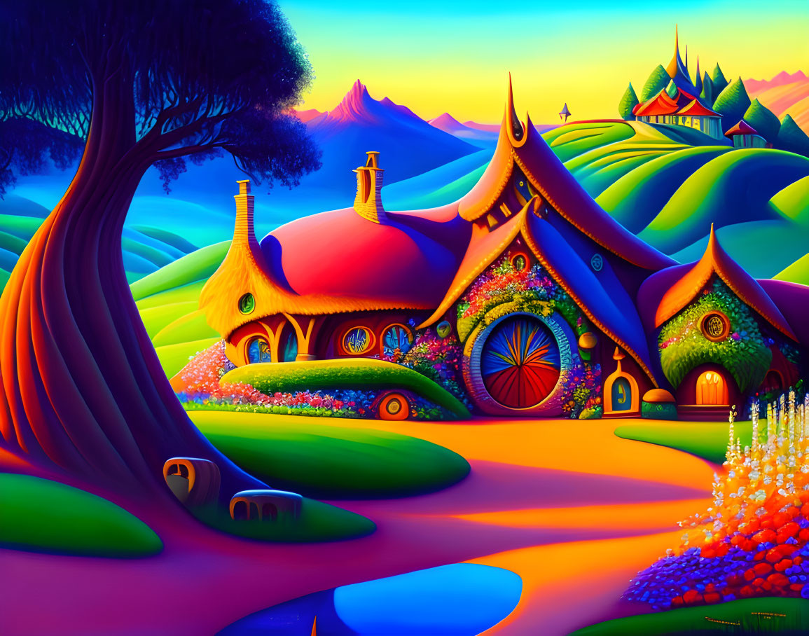 Colorful Stylized Houses in Whimsical Landscape at Dawn or Dusk