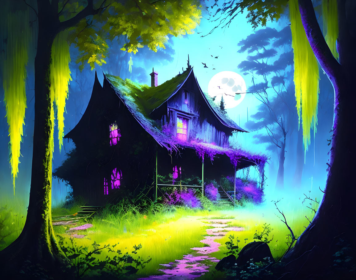 Mystical forest digital artwork with glowing plants and moonlit cottage