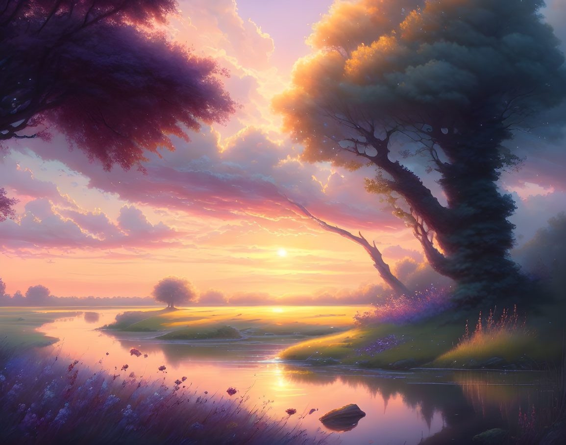 Tranquil sunset landscape with purple and orange skies, lush trees, reflective river.