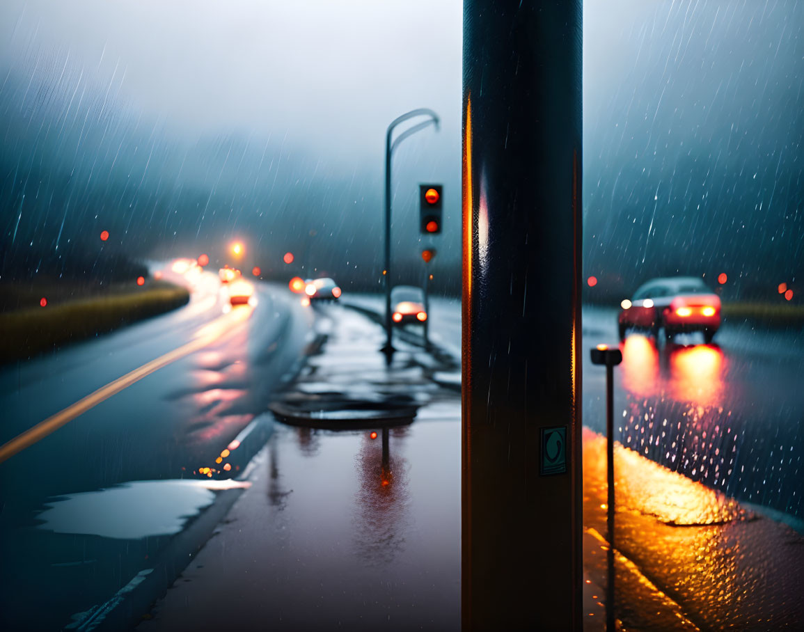 Urban scene: Rainy evening with vehicle lights, red traffic signal, and rain streaks.