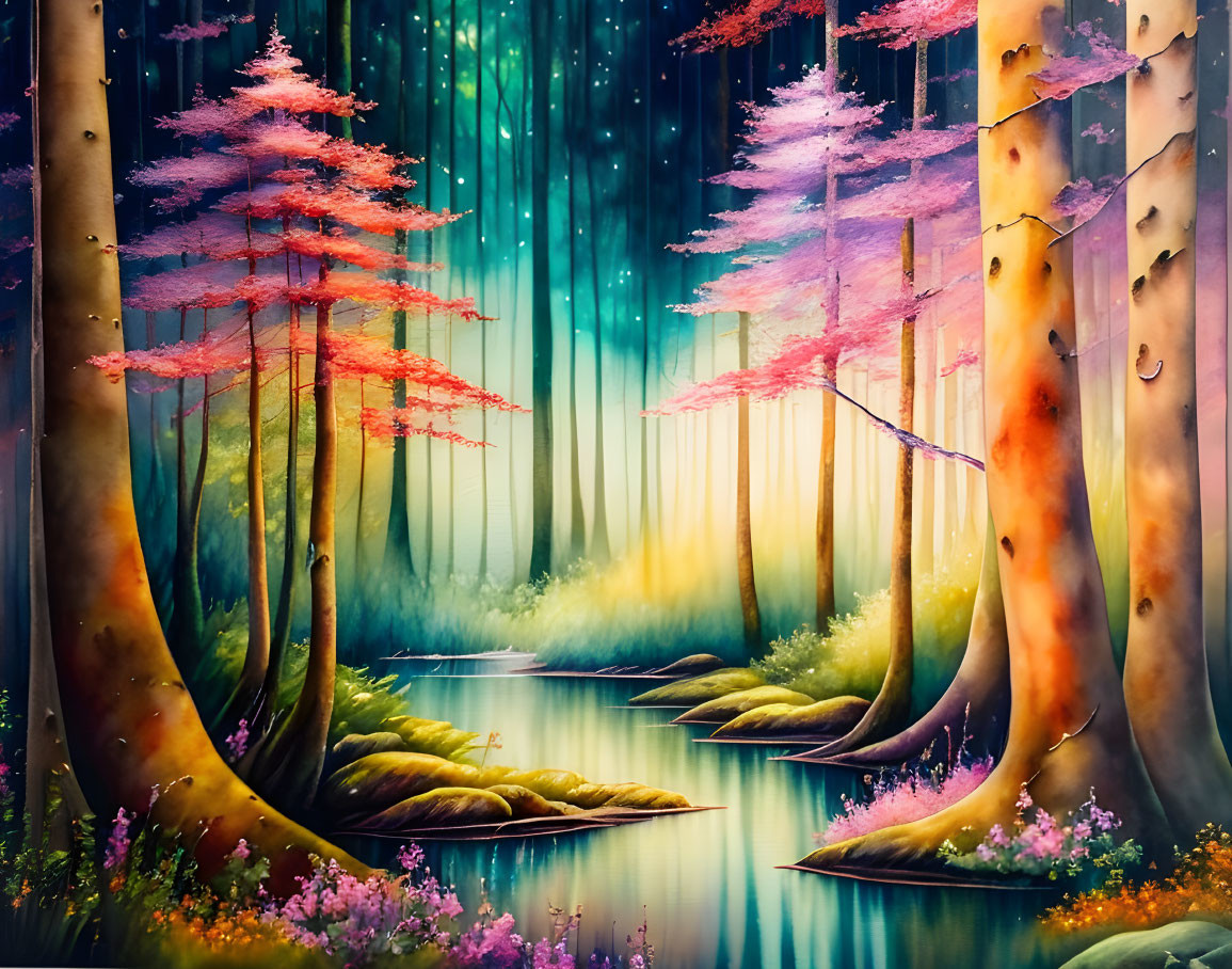 Vibrant pink trees in fantastical forest with glowing blue light and serene stream